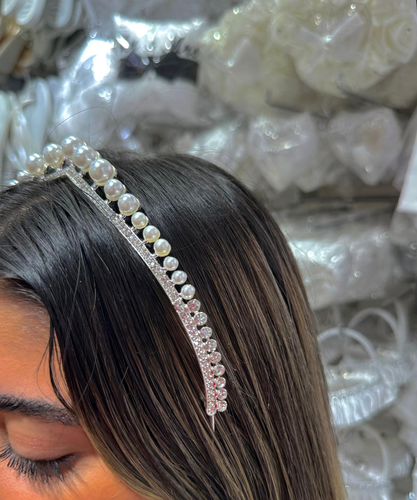 כתר לכלה אבני קריסטל משולב פנינים